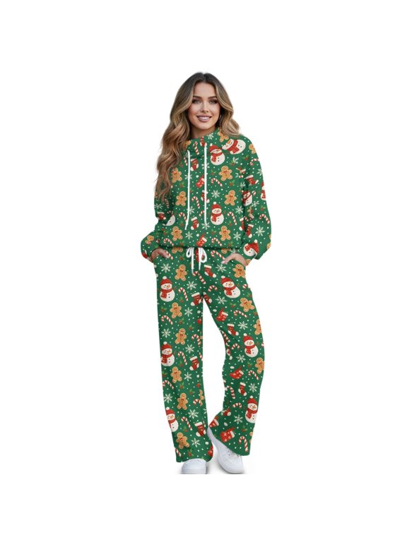 Christmas Lounge Sets for Womens Sweatsuits, Gingerbread Man Womens Mock Neck 2 Piece Outfits Lounge Sets, Drawstring Sweatshirts Wide Leg Sweatpants, for Outdoor Activities