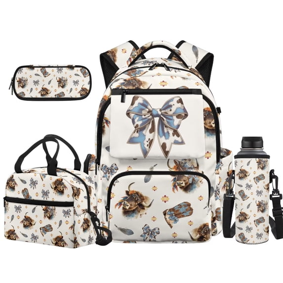 HUISEFOR Cow Print Bow School Backpack Set, 17 Inch Flap Backpack with Lunch Box Pencil Case Water Bottle Holder,Suitable for Elementary Middle School Back to School