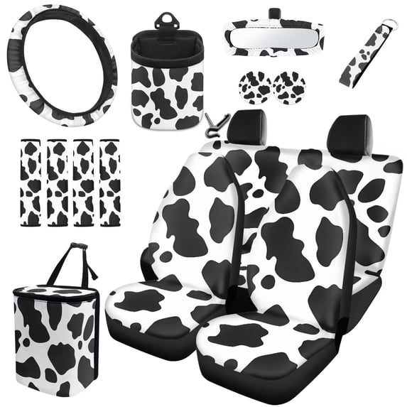 HUISEFOR Cow Print Car Seat Cover Full Set 15 Pieces for Most Truck SUV Steering Wheel Cover Seat Belt Cover Car Trash Can Air Vent Storage Bag Keychain Rear View Mirror Cover