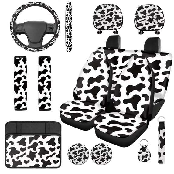 HUISEFOR Cow Print Car Seat Covers Full Set for Women Men Non Slip Including Steering Wheel Cover, Belt Cover, Center Console Cover, Breathable, Comfortable, Fit for Most Sedans SUVs