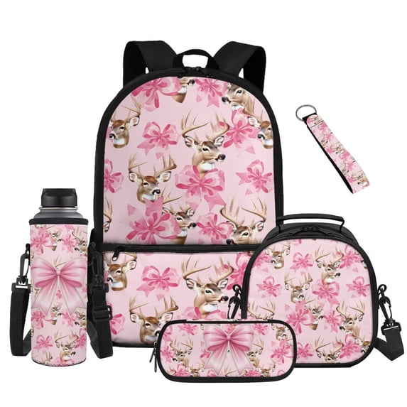 HUISEFOR Deer Camo Bow Kids Bag Set,5 Piece 17 Inch Durable Backpack with Lunch Box,Pencil Case,Bottle Sleeve Multifunctional Bag for Boys Girls 6-12 Years Old Students