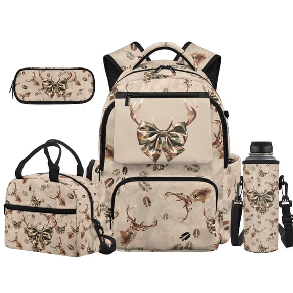 HUISEFOR Deer Camo Bow School Backpack Set, 17 Inch Lightweight Flap Backpack with Lunch Box Pencil Case Water Bottle Holder,Suitable for Elementary Middle School Back to School