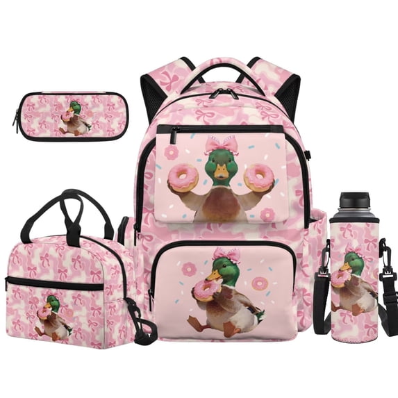HUISEFOR Duck Camo Bow Kids Backpack Set 17 Inch Flap School Bag with Lunch Bag, Pencil Case and Water Bottle Holder Large Capacity for Elementary & Middle 4th-6th Grade