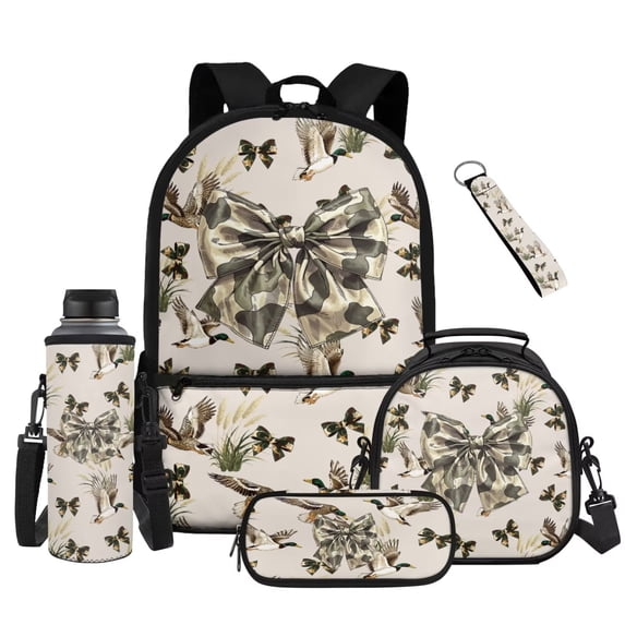 HUISEFOR Duck Camo Bow Kids Backpack Set,5 Pcs 17 Inch Multifunctional Backpack with Lunch Bag,Pencil Case,Water Bottle Holder for Elementary & Middle 4th-6th Grade