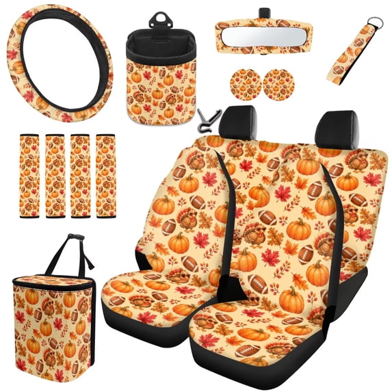 HUISEFOR Fall Maple Leaf Car Seat Cover Full Set Breathable Comfortable 15 Packs Set Including Steering Wheel Cover, Belt Cover, Garbage Can, Coasters, Fit for Most Cars, Auto, SUVs