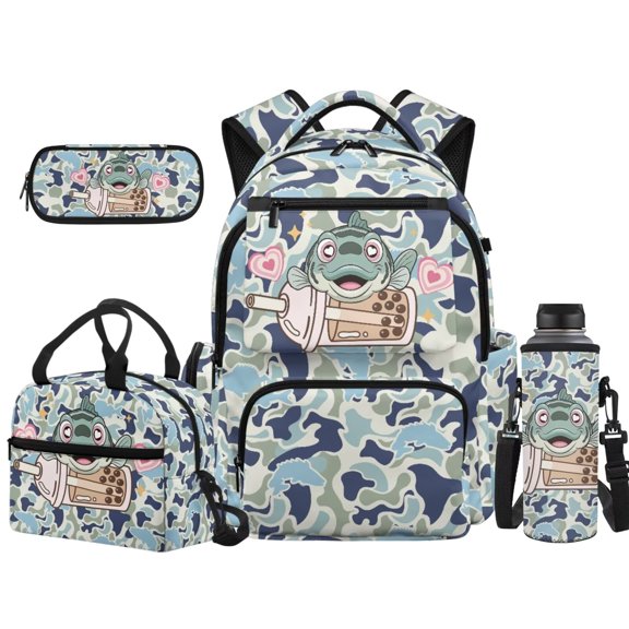 HUISEFOR Fish Camo School Backpack Set, 17 Inch Flap Backpack with Lunch Box Pencil Case Bottle Sleeve,Suitable for Elementary Middle School Back to School