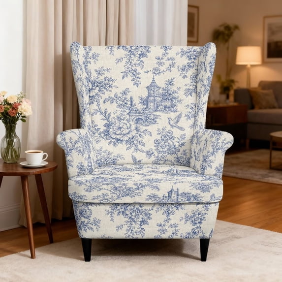 HUISEFOR French Country Wingback Chair Covers, Toile de Jouy Wingback Armchair Slipcover, Armchair Protector, Anti‑Slip & Wear‑Resistant, Easy Installation, for Living Room Wingback Sofa Chair