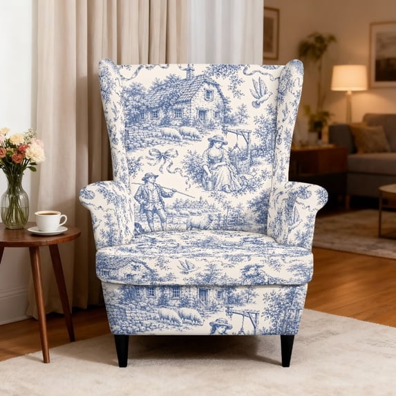 HUISEFOR French Country Wingback Chair Covers, Toile de jouy Wingback Armchair Slipcover, 2 Piece, 1 Wing Cover & 1 Cushion Cover, Anti‑Scratch, Easy to Install, Furniture Protector