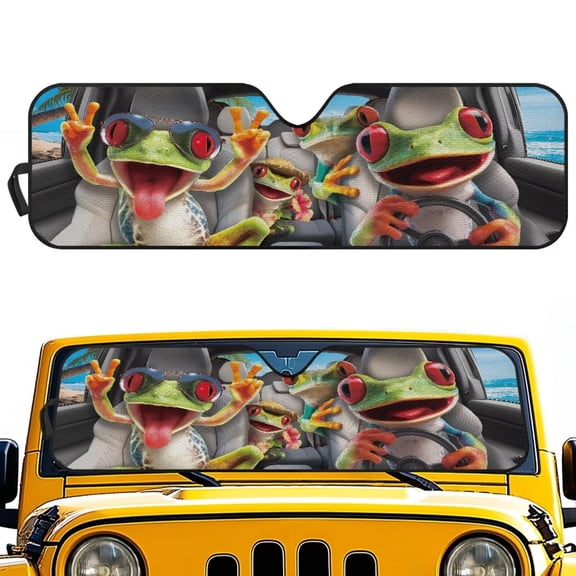 HUISEFOR Funny Frog Windshield Sun Shade Compatible with Jeep Wrangler JK JKU JL JLU & Jeep Gladiator JT Folding Front Window Sun Shade