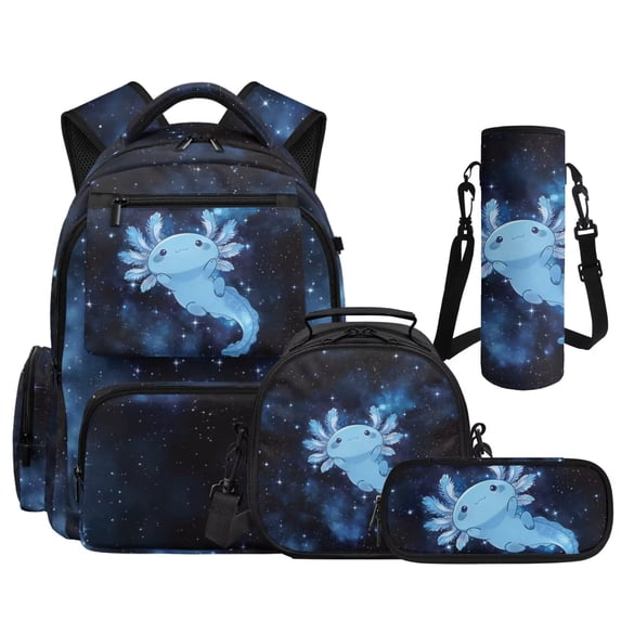 Bulopur Galaxy Blue Axolotl Kids School Backpack Set 4 Pcs Breathable Lightweight Kids School Bag with Lunch Bag, Pencil Case and Water Bottle Cover for Boys