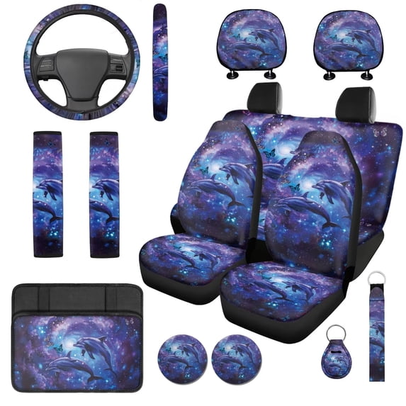 HUISEFOR Galaxy Dolphin Car Seat Cover Full Set of 14 Pcs Breathable Soft with Steering Wheel Cover, Belt Cover, Head Rest Protector, Scratch-Resistant, Elastic, Universal Fit for Cars SUV Trucks