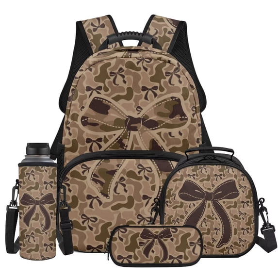 HUISEFOR Green Camo Bow Kids Backpack for School 4 Piece 17 Inch Girls Backpack with Lunch Box Pencil Case Water Bottle Holder Kids Backpacks Lightweight for Students and Teens