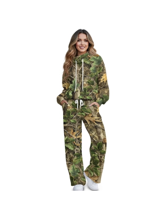 Green Camo Hunting Sweatsuit Sets for Women, Matching Lounge Sets for Women, 2 Piece Lounge Sweat Sets, Wide Leg Sweatpants with Pockets, Fall Loungewear Sets for Everyday Wear