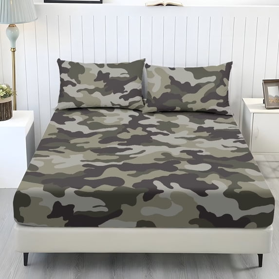 Bulopur Green Camo Print Twin Size 3-Piece Sheet Set, Durable Camouflage Design on Soft Breathable Microfiber, Elastic Deep Pocket Fitted Sheet for Boys Room Decor