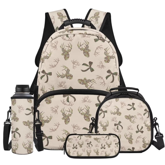HUISEFOR Green Deer Bow Kids Backpack for Girls 10-12 School Backpacks Sets with Lunch Bag Pencil Case Water Bottle Holder 4 Piece Travel Bookpack Lightweight Multi-Pocket