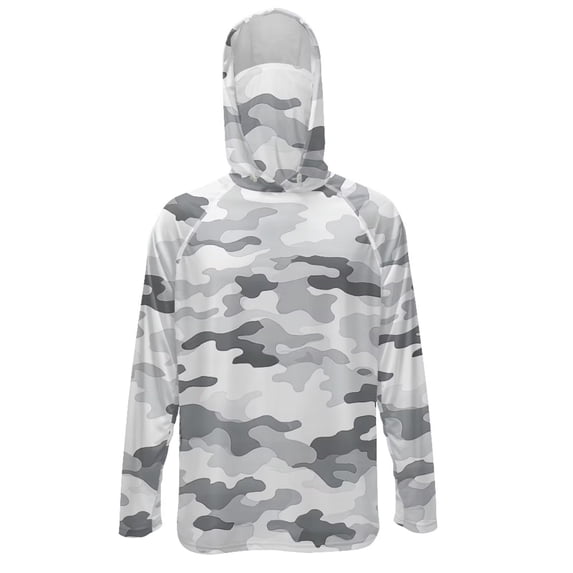 Bulopur Grey Camo Print Men’s Lightweight UV Protection Hoodie, Long Sleeve Fishing Rash Guard Shirt with Breathable Face Mask, UPF 50+ for Hiking and Surfing