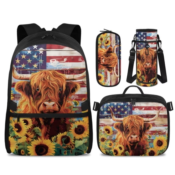 HUISEFOR Highland Cow Print Kids Backpack Set 4 Pcs Western Farm Breathable Kids School Bag with Lunch Box, Pencil Case and Water Bottle Cover for Farm Animal Lover Elementary Kids