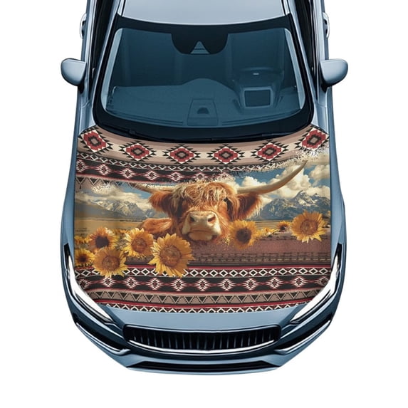 HUISEFOR Highland Cow Sunflower Car Hood Cover, Universal Fit for Most Cars SUVs, Stretchable All-Season Protection Car Hood Cover Protector Easy to Install