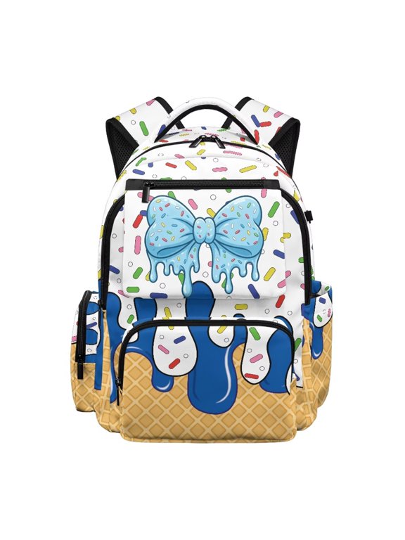 Ice Cream Bow School Backpack for Girls 17 Inch Large Capacity Bookbag with Adjustable Shoulder Strap, Flap Backpack School Bag Waterproof College Students Backpacks Age 6-18
