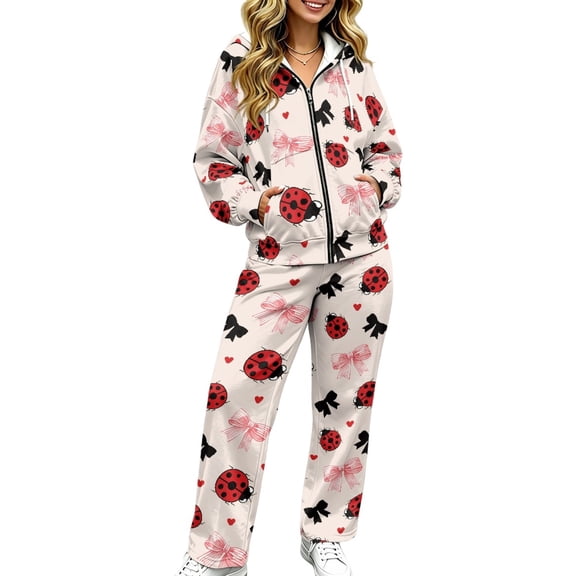 HUISEFOR Ladybug Pink Bow Sweatsuit Sets for Women, Matching Lounge Sets for Women, Hooded Zip Up, Relaxed Fit, Stretchy Fabric, Casual Travel Outfits for Daily Wear