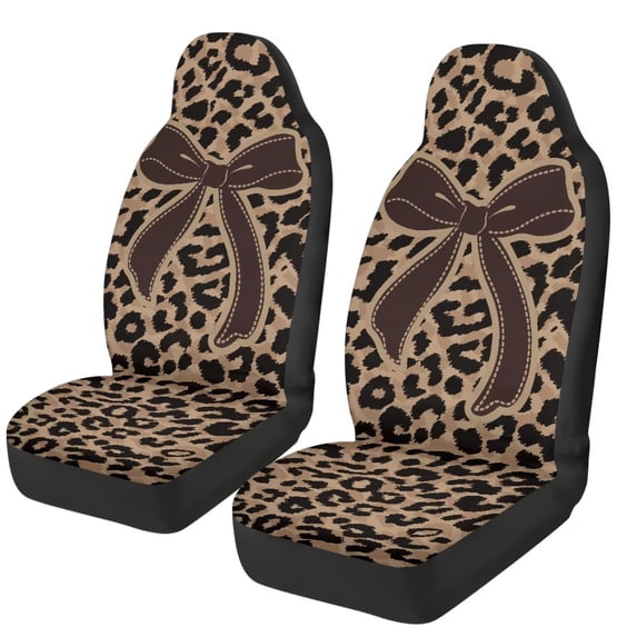 HUISEFOR Leopard Print Bow Car Seat Covers Soft Elastic Polyester Car Front Seat Covers 2 Pack, Comfortable, Non Slip, Easy to Installation, Universal Fit for Most Sedan SUV