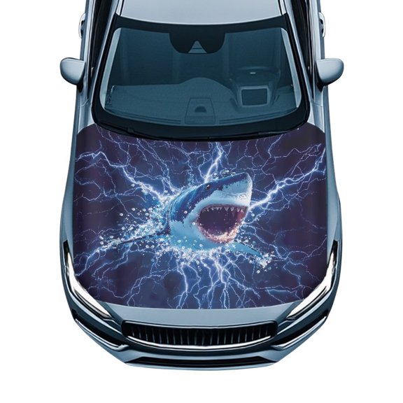 HUISEFOR Lightning Shark Car Hood Cover Elastic Fabrics Car Hood Cover Protector Stretch Polyester Fabric Covers Removable Automotive Accessories Universal Fit for Cars