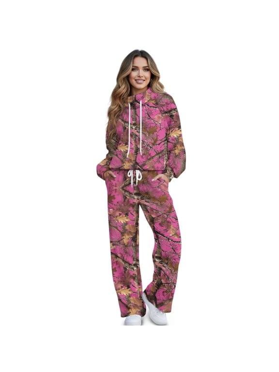 Lounge Sets for Women 2 Piece, Womens Mock Neck Sweatsuit, Wide Leg Sweatpants Elastic Waistband Side Pockets, Soft Oversized Casual Travel Outfits for Outdoor Activities, Pink Forest Camo