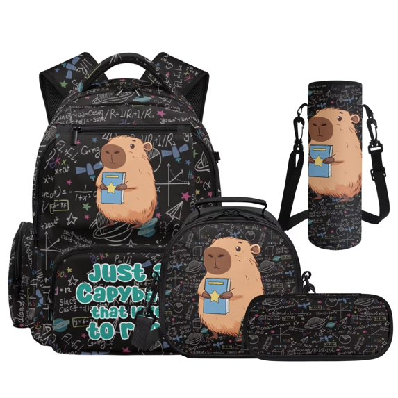 Bulopur Math Capybara Kids School Backpack Set 4 Pcs Lightweight Kids School Bag with Lunch Box, Pencil Case and Water Bottle Cover for 9-12 Years Old