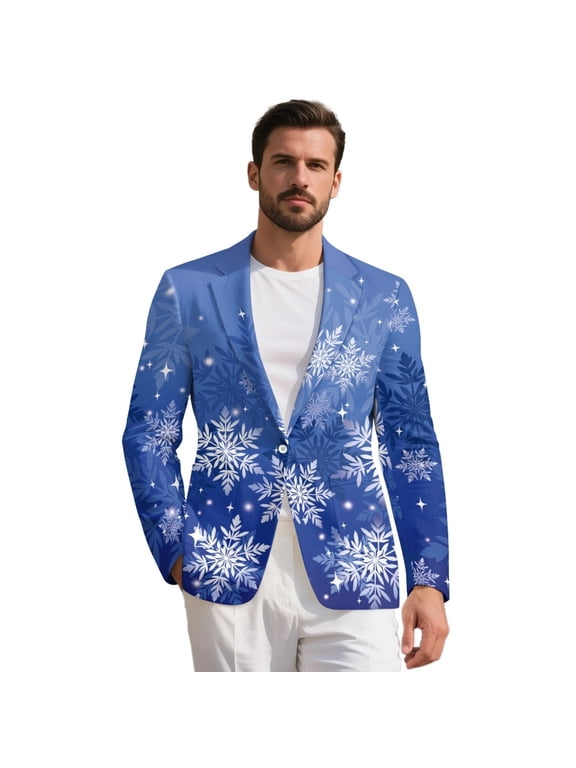 Men's Casual Blazer Long Sleeve Slim Fit Lightweight One Button Notched Lapel Christmas Dinner Business Sport Coat Jacket for Travel, Blue Snowflake Print