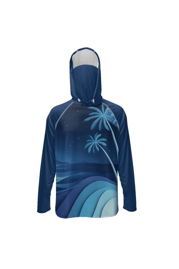 Palm Tree Men’s UPF 50+ Sun Protection Hoodie Shirt Long Sleeve Fishing Rash Guard with Breathable Face Mask Quick Dry Lightweight UV Top
