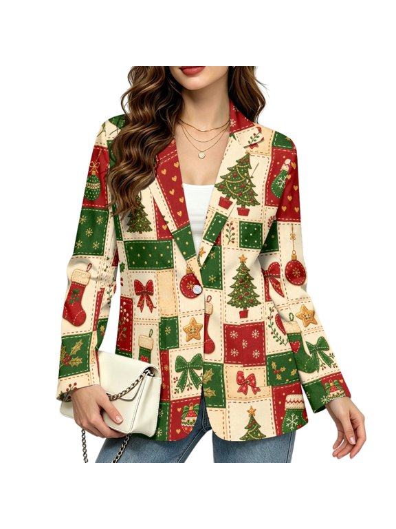 Patchwork Christmas Women's Casual Long Sleeve Blazer, Slim Fit Notched Lapel Open Front Suit Jacket, with Pockets Fully Lined Blazer, Business Casual Work Outerwear Fall Winter