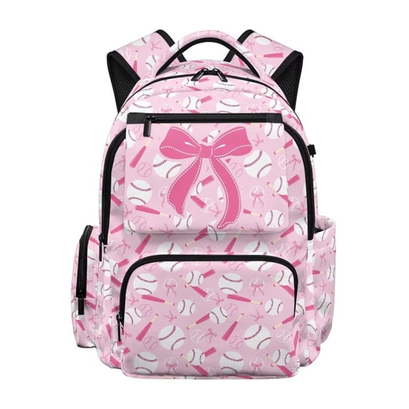HUISEFOR Pink Baseball Bow School Backpack for Kids 17 Inch School Bag Backpack for School, Lightweight Flap Backpack with Side Pockets Waterproof Shoulder Bookbag Ages 6-12 Back to School