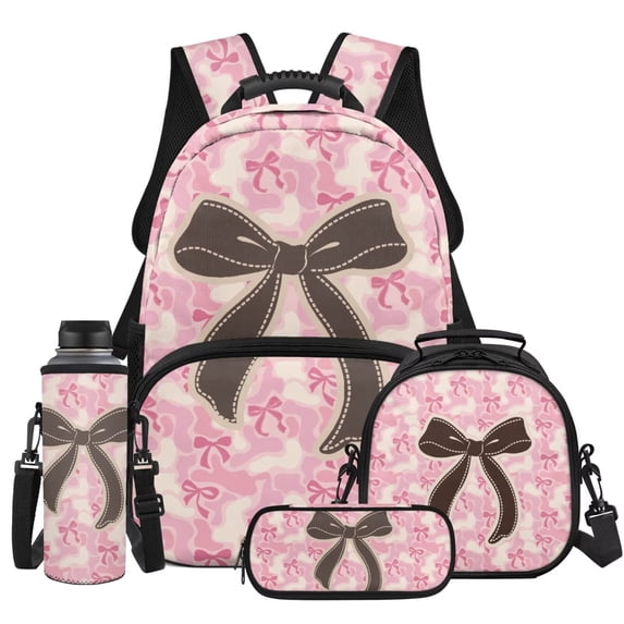 HUISEFOR Pink Camo Bow Kids Backpack for Girls 10-12 School Backpacks Sets with Lunch Bag Pencil Case Water Bottle Holder 4 Piece Travel 17 Inch Bookpack Lightweight