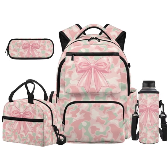 HUISEFOR Pink Camo Bow School Backpack Set 4 Pcs Lightweight Breathable Schoolbag with Lunch Box Pencil Case Water Bottle Holder 17 Inch for Elementary School 2nd-3rd Grade