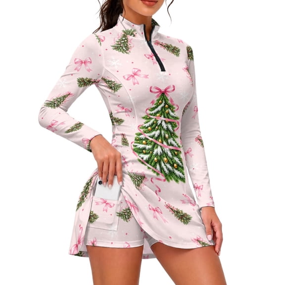 HUISEFOR Pink Christmas Tree Womens Golf Dresses Quarter Zip Long Sleeve Sports Dress for Women, Slim Fit Workout Outfit with Built-in Shorts and Pockets Soft Polyester for Golf Tennis Hiking