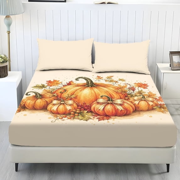Bulopur Pumpkin Print Full Size 3-Piece Sheet Set, Cooling Soft Microfiber Bedding with Stretchy Deep Pocket Fitted Sheet, Breathable All-Season Sheets for Full Bed Home Decor