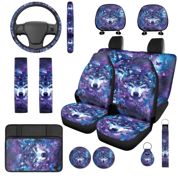 HUISEFOR Purple Galaxy Wolf Car Seat Cover Full Set of 14 Pcs Elastic Including Steering Wheel Cover, Belt Cover, Headrest Covers, Comfortable, Breathable, Universal Fit for Cars SUV Trucks