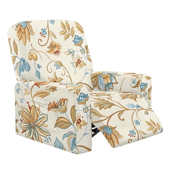 HUISEFOR Recliner Chair Cover, Golden Floral Recliner Couch Covers 4 Pcs, Stretchable & Anti-Slip, Breathable & Comfortable, Washable & Pet Friendly, Easy Installation