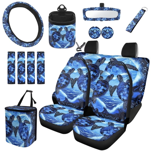 HUISEFOR Sea Turtle Car Seat Cover Full Set Suitable for Most Cars SUV Steering Wheel Cover Seat Belt Cover Garbage Can Air Vent Storage Bag Rear View Mirror Cover Car Coasters