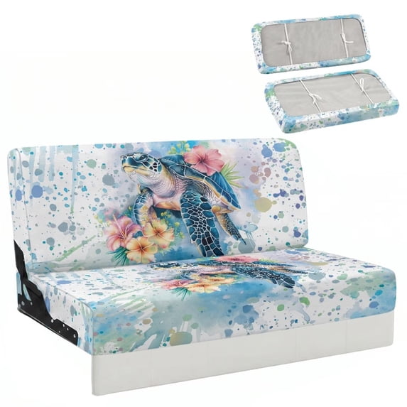 HUISEFOR Sea Turtle Flower RV Couch Covers 2 Pack Stretchable Elastic RV Sofa Bed Cover, Furniture Protector, Anti-Slip & Wear-Resistant, for RV Jackknife Sofa Bed