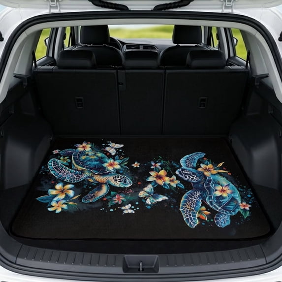 HUISEFOR Sea Turtle Flowers Car Trunk Mat for Women All Weather Trunk Protection Cargo Liner Non-Slip Easy Installation Fits for Most Cars SUV