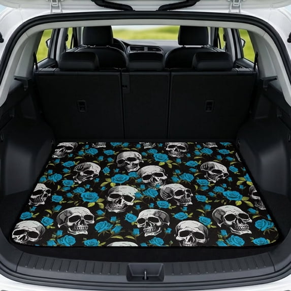HUISEFOR Skull And Blue Rose Car Trunk Mat 29" x 39" Non-Slip Full Protection All Weather Trunk Protection Cargo Liner, Waterproof, Easy To Clean, Anti-Scratch,for Car SUV Sedan Auto