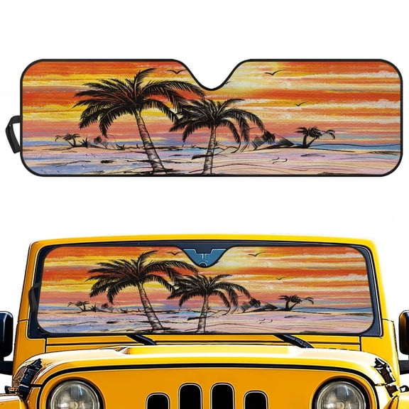 HUISEFOR Sunset Palms Windshield Sun Shade Compatible with Jeep Wrangler TJ JK JL & Gladiator JT Heat Protection Car Window Shade Keep Your Vehicle Cool
