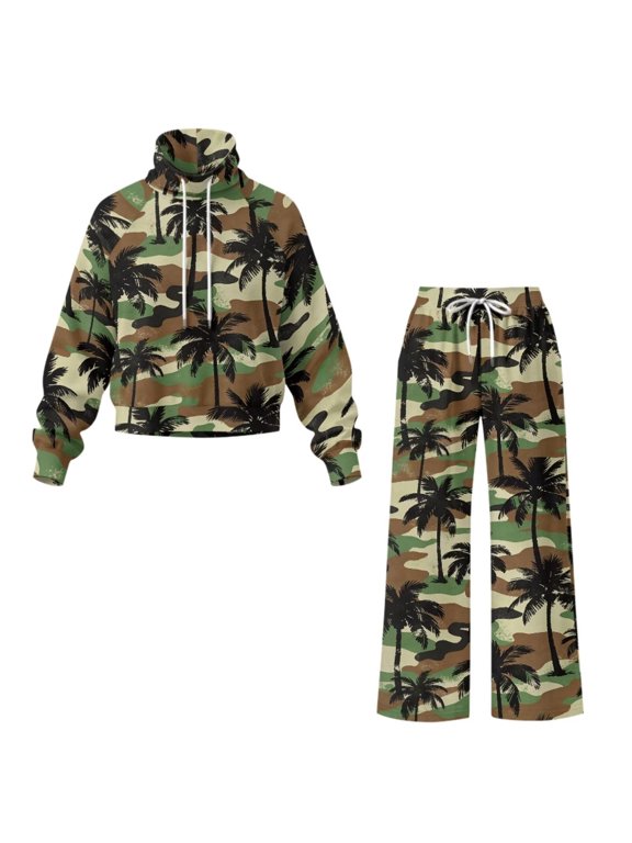 Sweatsuit Sets for Women, Palm Tree Camo Lounge Sets for Womens Sweatsuits, 2 Piece Drawstring Sweatshirt Wide Leg Pants, Mockneck Soft Stretchy, Fall Loungewear Sets for Daily Wear