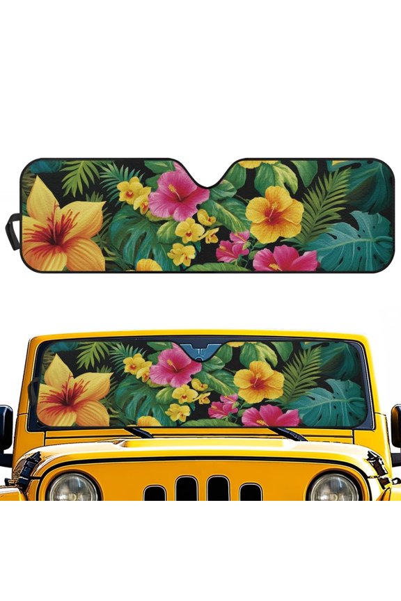 Tropical Floral Windshield Sun Shade Bolck UV Rays Car Sun Shade Windshield Keep Your Vehicle Cool Suitable for Wrangler, Compass, Gladiator & Renegade