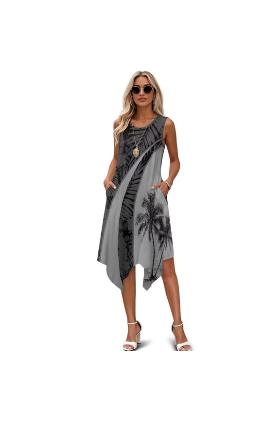 Tropical Summer Dresses for Women Casual Sleeveless Sundress with Pockets Asymmetrical Hem A Line Swing Tshirt Dress Summer Dresses for Women 2026 Vacation