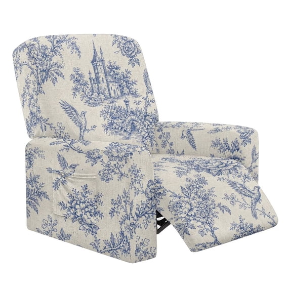 HUISEFOR Vintage Toile Blue Recliner Chair Cover, Toile de Jouy Recliner Couch Covers, Reclining Slipcovers with Pockets, Breathable & Comfortable, for Kids, Pets, Dog and Cat