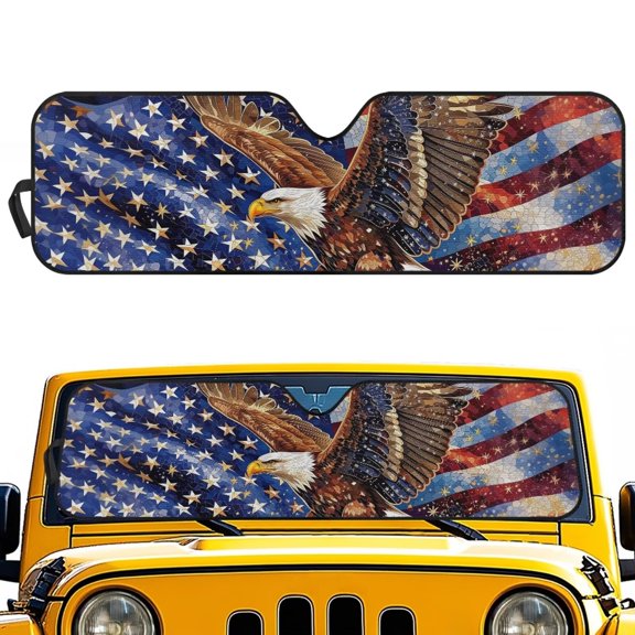 HUISEFOR Windshield Sun Shade American Flag Eagle Car Sun Shade Windshield Block UV Rays Keep Vehicle Cool for Jeep Wrangler, Gladiator, Renegade, FJ Cruiser