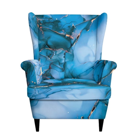 HUISEFOR Wing Chair Slipcovers, Stretch Wingback Armchair Slipcover, 2 Piece, 1 Wing Cover & 1 Cushion Cover, Anti‑Slip, Easy to Install, Furniture Protector, Blue Gold Marble