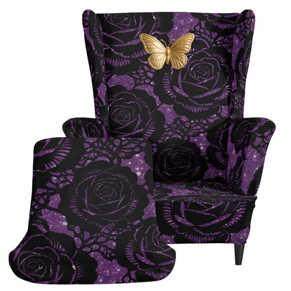HUISEFOR Wingback Chair Covers, Purple Rose Butterfly Wingback Armchair Slipcover, Breathable & Comfortable, Anti‑Scratch, Easy Installation, for Living Room Wingback Sofa Chair